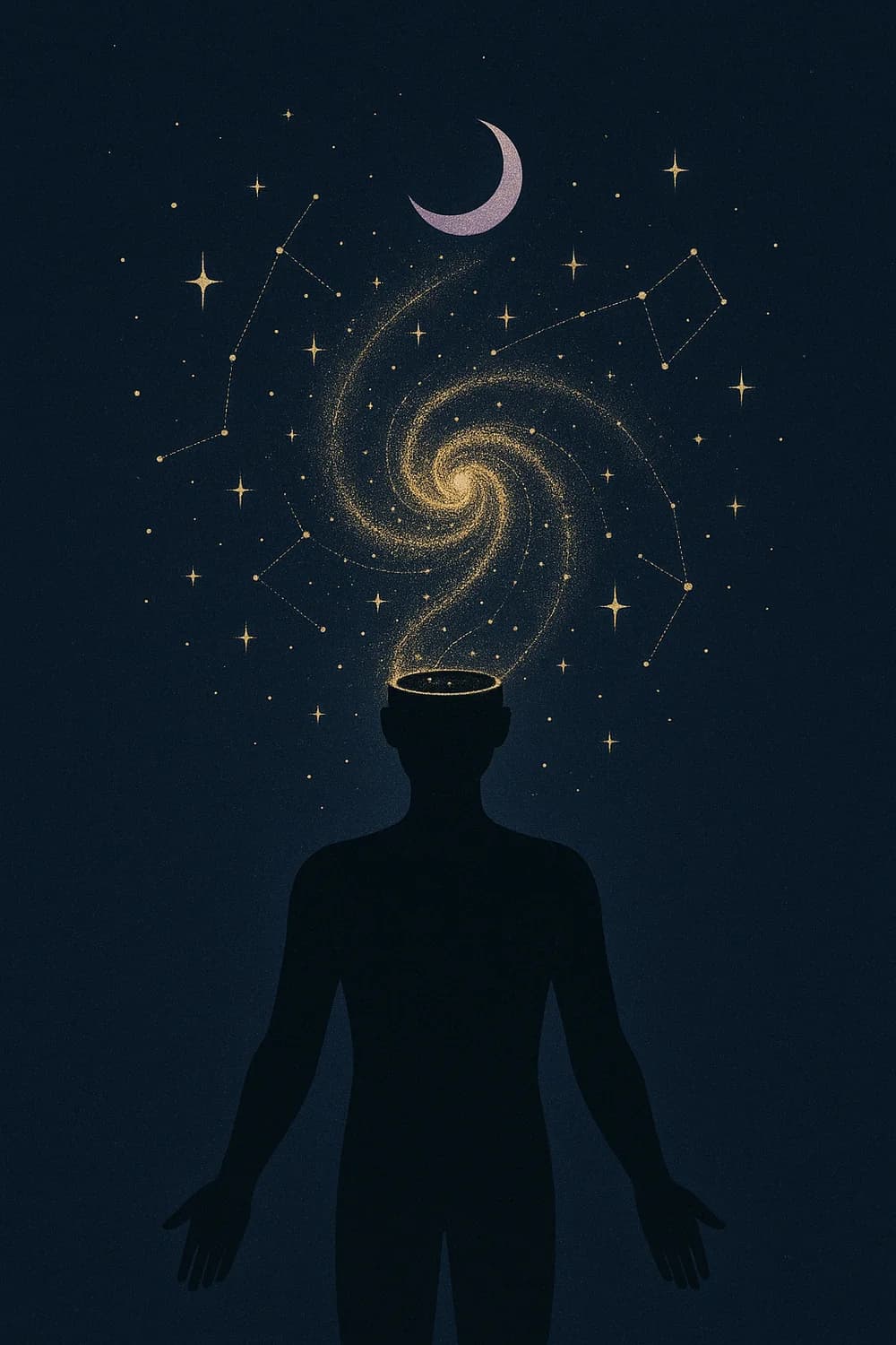 Illustrazione: silhouette umana con la testa che si apre in una galassia dorata